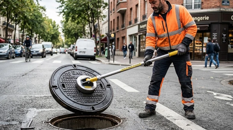 Un ouvrier utilise un lève-plaque aimanté pour soulever une plaque d'égout.